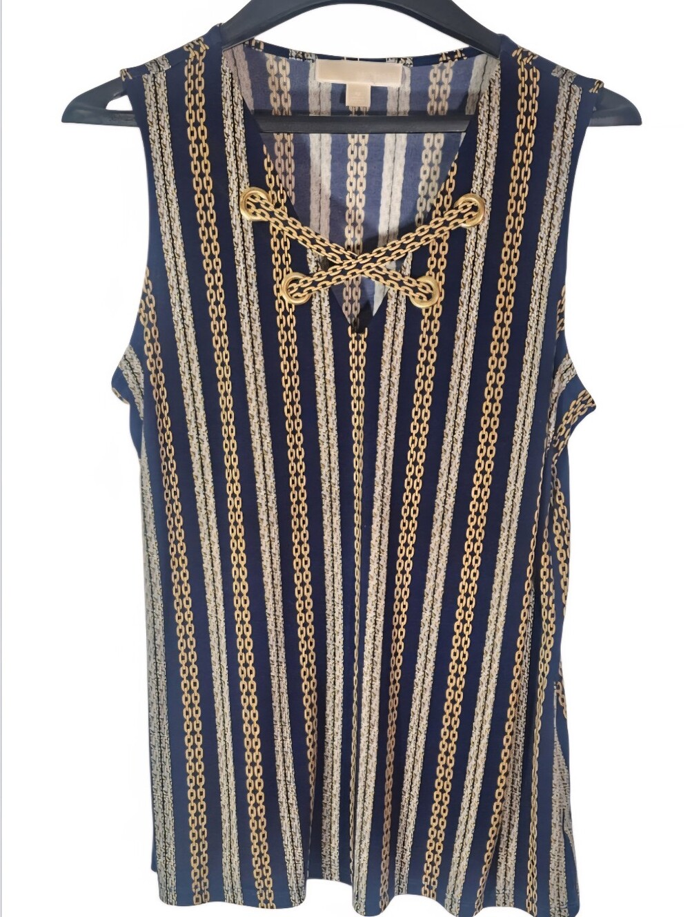 Michael Kors Nautical Navy Blue & Gold Chain Stripe Lace-Up Tank Top Blouse.M